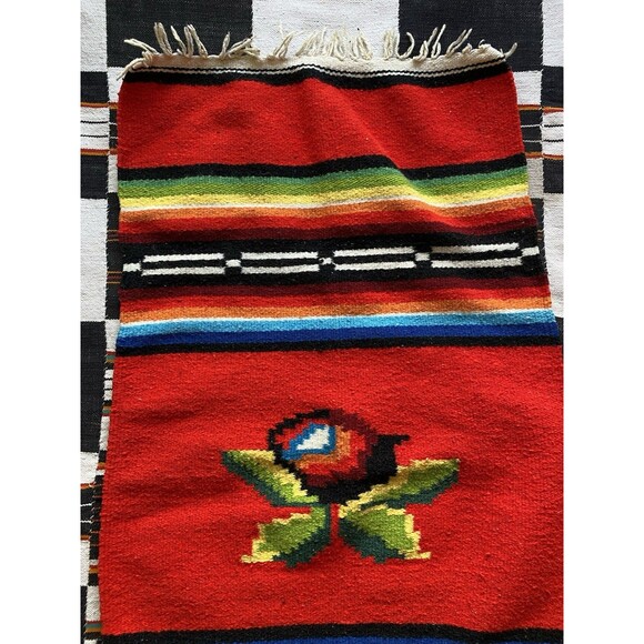 Vintage Handwoven Serape Kilim Rug Runner Wall Hanging. Rose. Wool Blend. Boho. - Picture 2 of 12